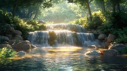 Sticker - Serene Waterfall in Lush Forest - Nature Photography