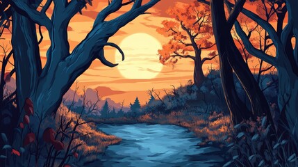 Wall Mural - A Blue Stream Under a Golden Sunset in a Forest