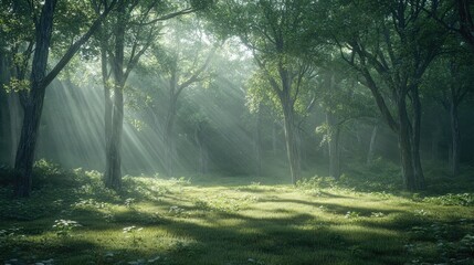 Wall Mural - Sunlight Streaming Through a Dense, Misty Forest