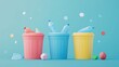 © kkkiim graphic - large trash cans in different colors and shapes, with neatly arranged plastic bottles beside them.