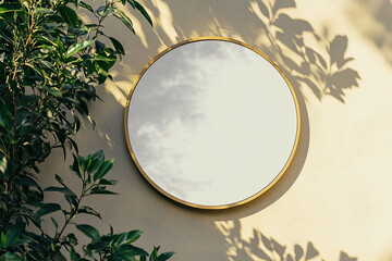 A modern round outdoor sign with a frame mockup , hanging on a beige wall