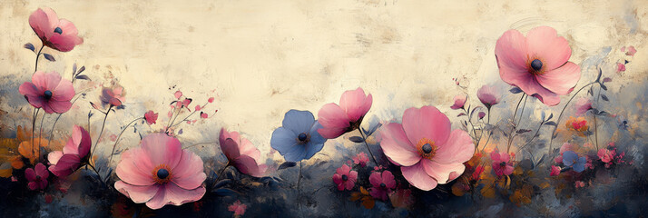 Wall Mural - Delicate pink and blue flowers bloom in a watercolor painting.