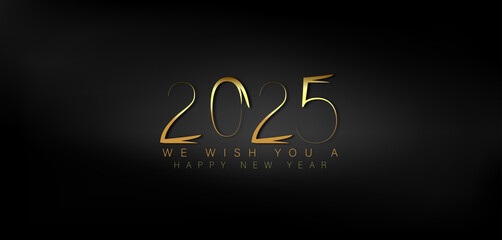 Wall Mural - Happy New Year 2025 in shimmering gold on a deep black background conveying a sense of joy and new beginnings