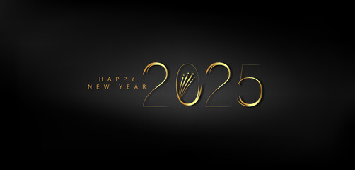 Wall Mural - Happy New Year 2025 in shimmering gold on a deep black background conveying a sense of joy and new beginnings