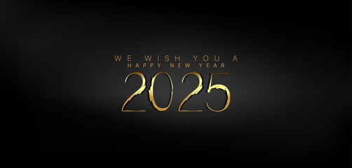 Wall Mural - Happy New Year 2025 in shimmering gold on a deep black background conveying a sense of joy and new beginnings