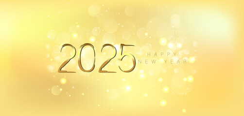 Wall Mural - Happy New Year 2025 in shimmering gold on a deep black background conveying a sense of joy and new beginnings