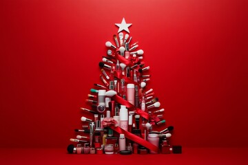 a creative christmas tree crafted from cosmetics and makeup brushes against a vibrant red backdrop, 