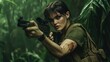 © EKA - A determined woman aims a firearm in a dense jungle setting, showcasing survival skills.