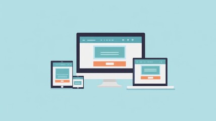 multiple devices showcasing website design, featuring a computer screen with an empty page in blue and red tones, a tablet with a well-organized layout of text blocks and images