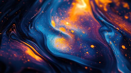 Wall Mural - Abstract Swirling Blue and Orange Liquid with Glittering Particles