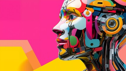 Wall Mural - Colorful robotic head with pink, yellow and orange background.