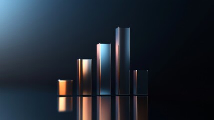 Leinwandbilder - A sleek, futuristic 3D bar graph with metallic bars rising from a reflective surface, set against a dark gradient background, highlighting business growth.