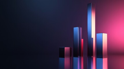 Leinwandbilder - A sleek, futuristic 3D bar graph with metallic bars rising from a reflective surface, set against a dark gradient background, highlighting business growth.