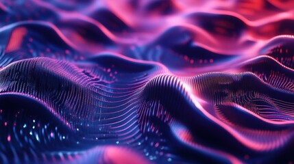 Wall Mural - Abstract Neon Wavy Surface with Glowing Lines and Dots