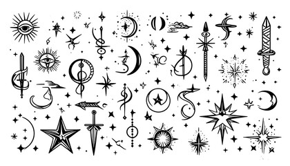 Wall Mural - Minimalist Icon Set Featuring Stars, Moon, Sun, Dagger, and Snake for Modern Logo and Decoration Design