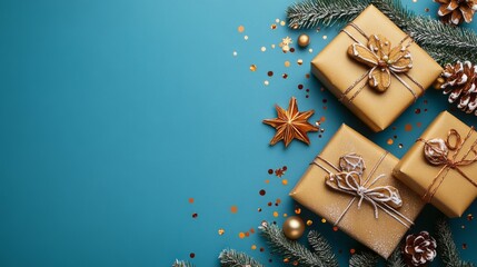 Christmas decoration with gifts, confetti and ginger cookies. Flat lay, top view. New Year concept with copy space