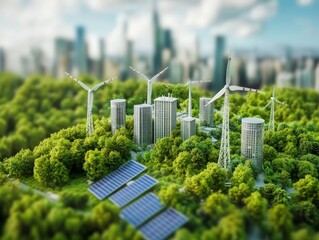 A city adopting circular economy energy solutions, with renewable resources and energy recovery technologies powering the grid.