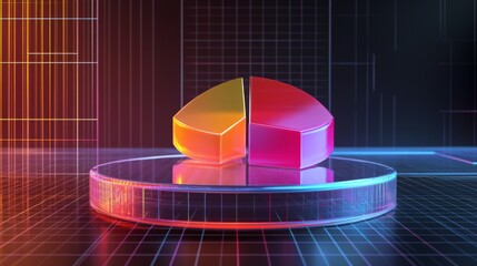 Fototapete - A transparent 3D pie chart with sleek, colorful sections rising from a reflective platform, showcasing business data against a dark backdrop with a glowing grid.