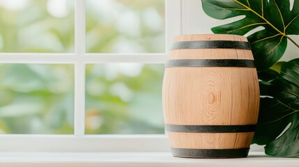 Wall Mural - Wooden Barrel by Window with Green Foliage