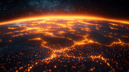 A close-up of a fiery planet with glowing city lights