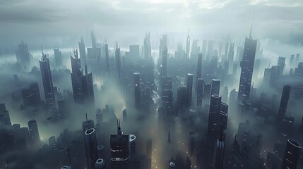 Aerial view of a futuristic cityscape shrouded in fog, highlighting the towering skyscrapers and the dense urban environment.