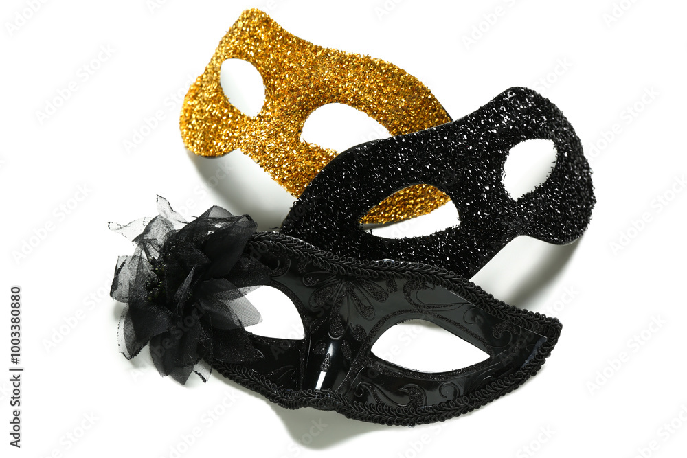 Bright carnival masks on white background
