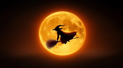 Silhouette of a witch flying on a broomstick in front of a full moon.