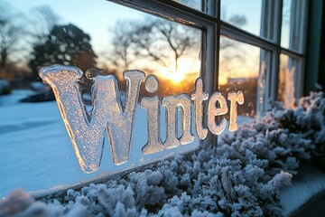 Wall Mural - Winter is written in ice on a window with a snowy landscape and sunset.