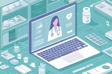  online medical knowledge featuring a doctor video conference on a laptop screen , surrounded by health equipment like a medicine cabinet and bottles.   