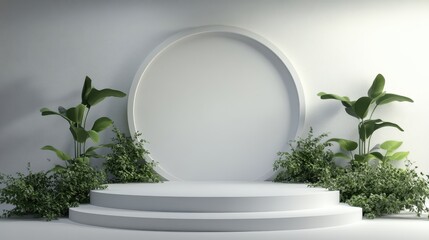 Wall Mural - White Circular Platform with Green Foliage and a White Circle in the Background