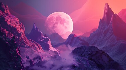 Wall Mural - pink moon shines brightly over a dramatic mountain landscape, bathed in a soft pink and purple light
