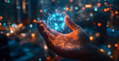 Wall Mural - a hand holding a glowing orb with blue and orange lights