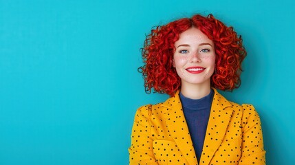 Smiling Redhead Woman with Freckles in Yellow Polka Dot Blazer