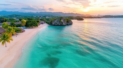 Wall Mural - Tropical Beach Sunset with Palm Trees and Turquoise Water in Caribbean Island