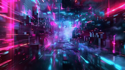 Wall Mural - digital rendering of a tunnel with vibrant neon lights.