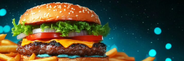 Close-up of a juicy burger with cheese, lettuce, tomato, and onion, with fries in the background.