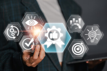Wall Mural - a business professional showcasing best practice concepts using futuristic icons and technology, emp