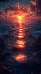 Wall Mural - dramatic sunset over the ocean with a path of light