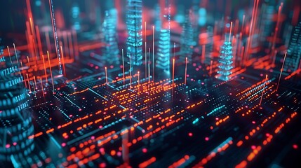 Wall Mural - digital cityscape illustration featuring glowing lines and structures, depicting a futuristic urban 