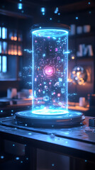 Wall Mural - a blue, glowing, futuristic looking object sits on a table