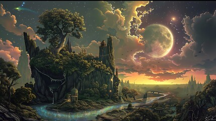Wall Mural - beautiful fantasy landscape with a large moon, stars, a castle on a cliff, a river flowing through a