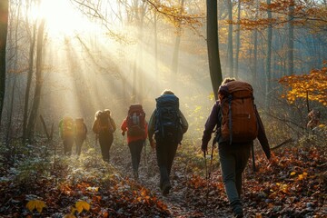 Wall Mural - group of hikers exploring a sunlit autumn forest trail while enjoying nature's vibrant colors and cr
