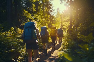 Wall Mural - hikers with backpacks journey along a sunlit forest trail, embracing adventure and the beauty of nat