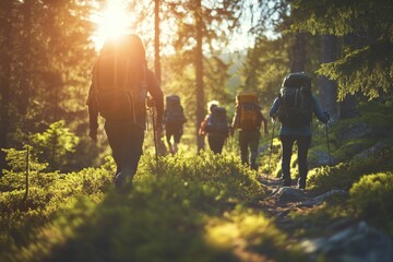 Wall Mural - group of hikers explore a sunlit forest trail, embracing adventure and teamwork in nature's embrace 
