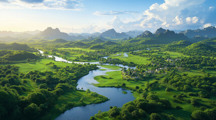 Wall Mural - Green trees, A winding stream cuts through the fields, There are some villages on both sides of the creek, The clear water reflects the blue sky and white clouds, In the distance are rolling mountains