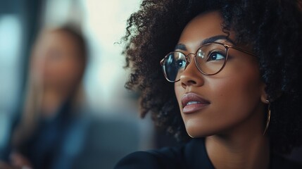 Wall Mural - Thoughtful Woman with Curly Hair and Glasses