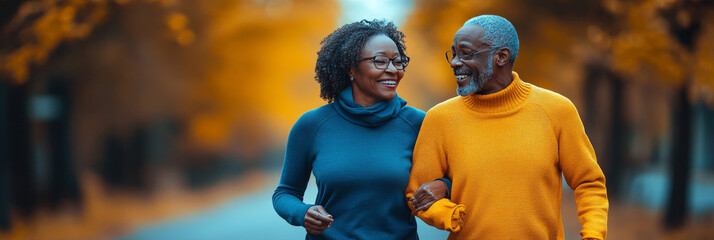 Sticker - Smiling couple jogging in the fall.