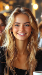 Wall Mural - A young woman with long blonde hair smiles brightly.