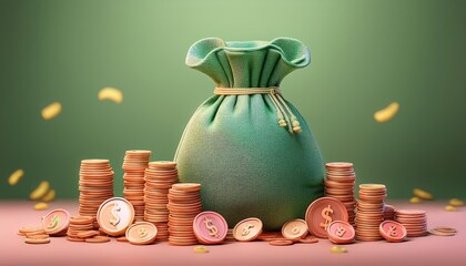 Wall Mural - A green money bag surrounded by stacks of coins, symbolizing wealth, savings, and investment opportunities on a colorful background.