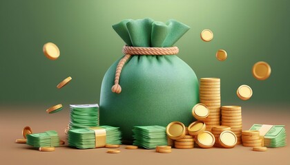 Wall Mural - A green money bag surrounded by stacks of cash and gold coins, symbolizing wealth and prosperity.